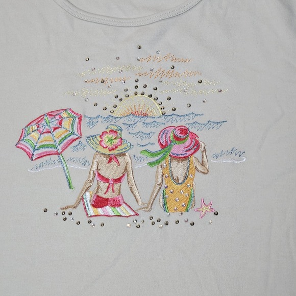 Quacker Factory Beach Scene Embroidered Top L Rhinestone 3/4 Sleeve Women's Top - Picture 2 of 6